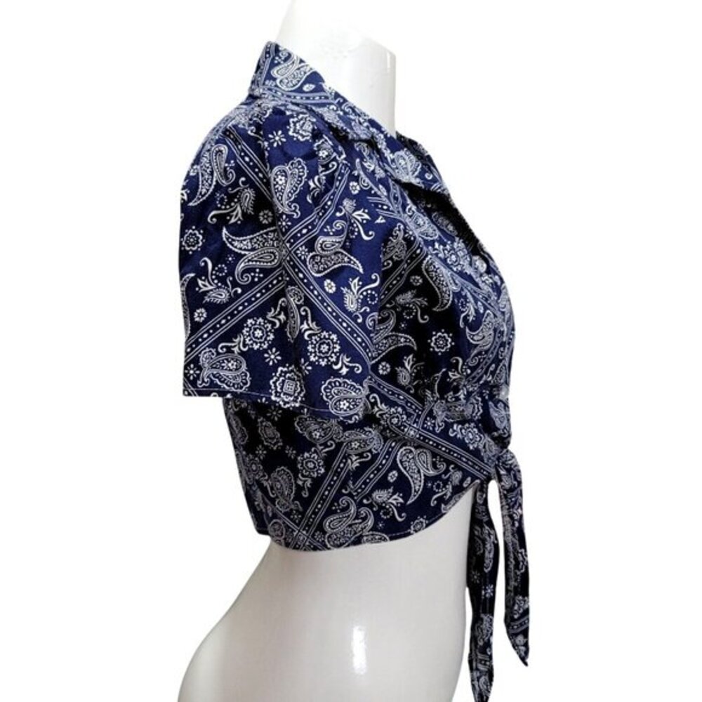 Vintage Bandana Cropped Tie-Front Blouse Short Sleeve L Blue - Picture 4 of 9